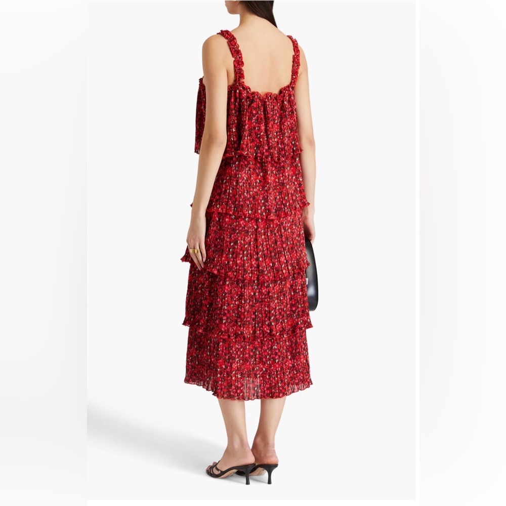 GANNI Pleated Raffled Georgette Flounce Strap, Red Floral Midi Dress Size 36 (S) - Picture 2 of 10